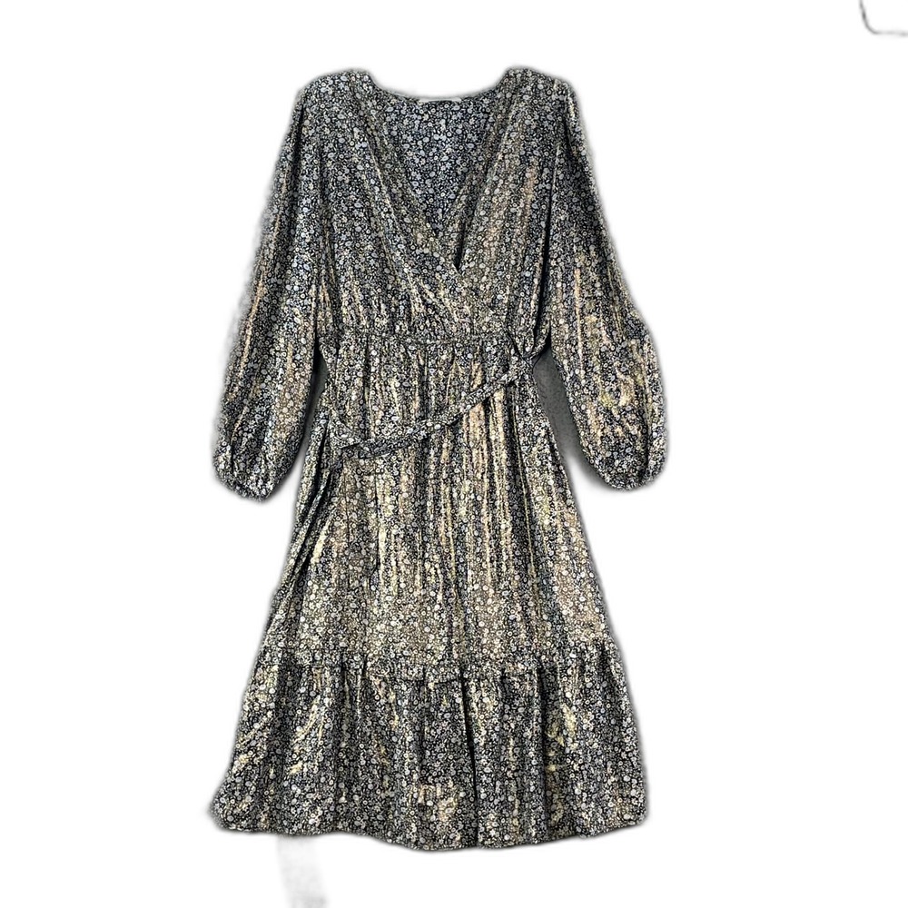 LC Lauren Conrad Midi Wrap Dress Women L Puff Sleeve Tie Waist Minimalist Grunge